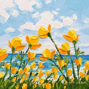 California Poppies along the Pacific Coast Original Oil Painting Impasto Landscape Small Oil Painting Poppy along Big Sur Coast