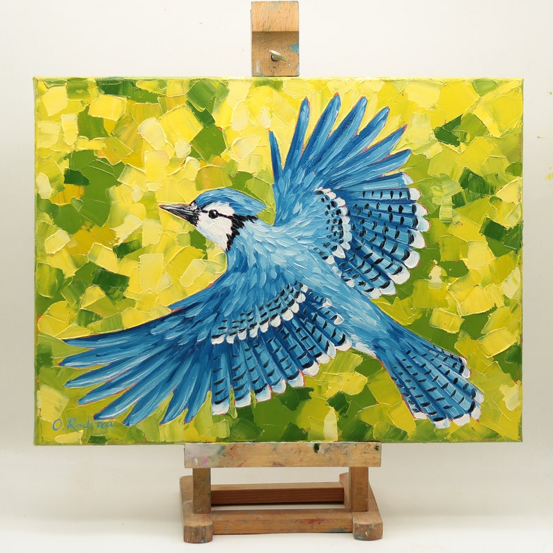 Blue Jay Bird Painting Original Blue Jay Flight Art Blue Jay Flying Bird Oil Painting image 8