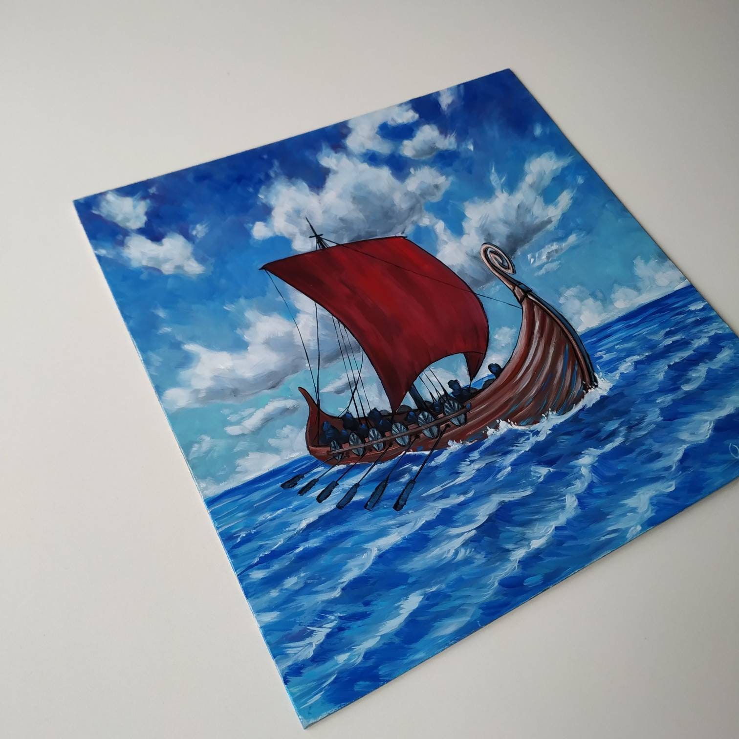16ч16 Viking Longship with Red Sail painting Viking ship oil Etsy