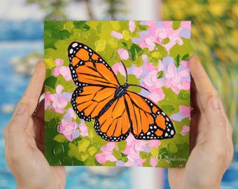 Dipinto ad olio originale Farfalla Monarca – Farfalla arancione su fiori – Decorazione murale con impasto materico