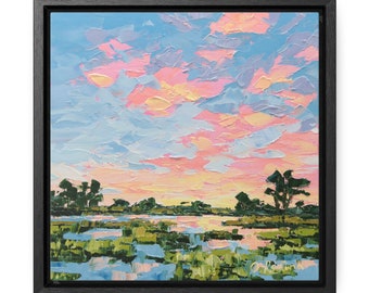 Marsh Print Framed Canvas - Sunset Marsh Canvas Art - Square Lowcountry Painting Print - Marsh Landscape Art - Cottagecore Wall Art