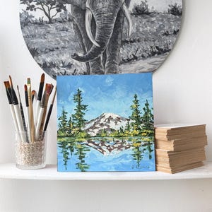 Mount Rainier Oil Painting Original 8x8&quot; Small Landscape Art Original Mt Rainier Wall Art Square Palette Knife Mountain Painting Gift