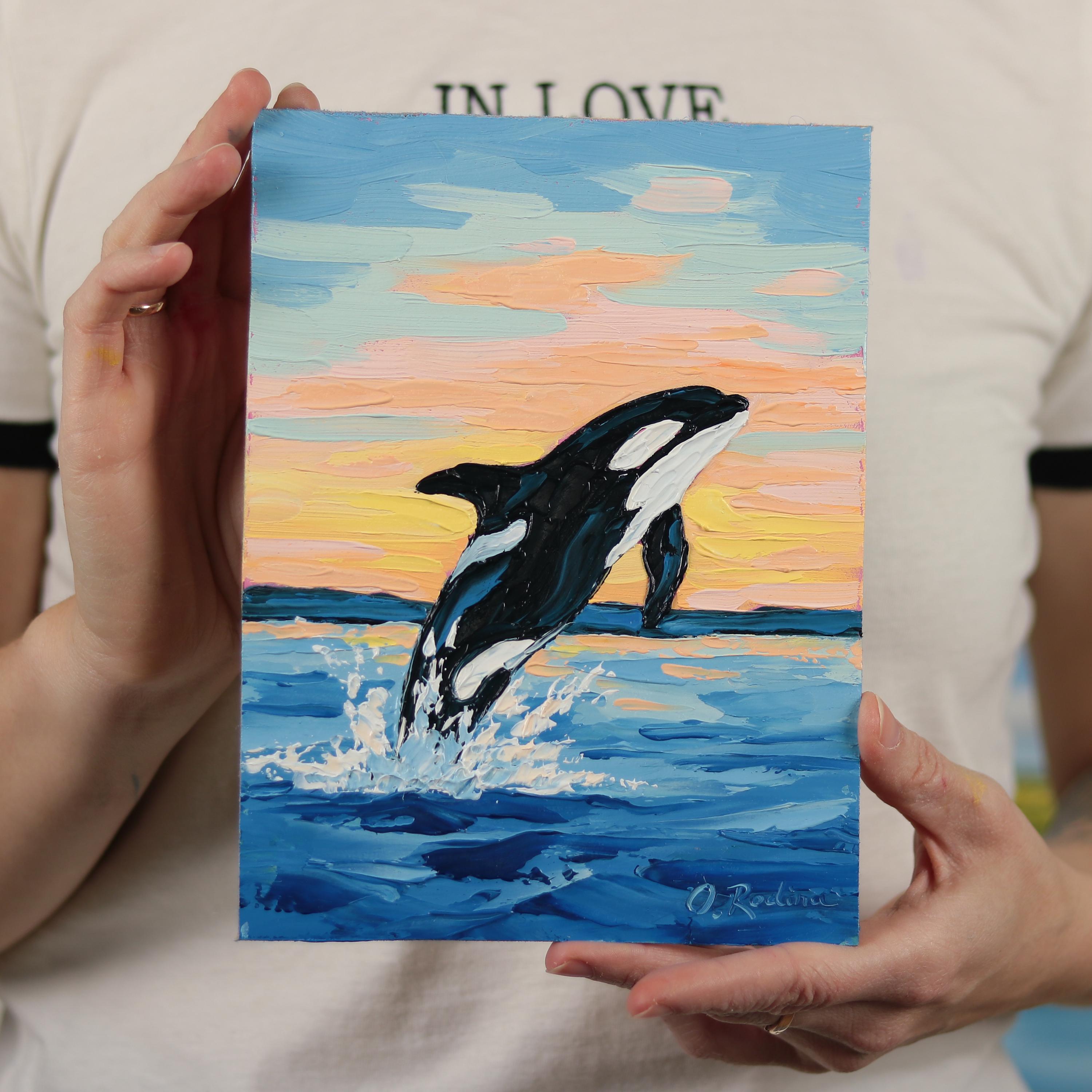 Orca Oil Painting Original – Killer Whale Jumping at Sunset, Ocean