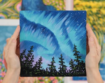 Aurora Borealis Oil Painting: Northern Lights, Pine Forest Landscape Art