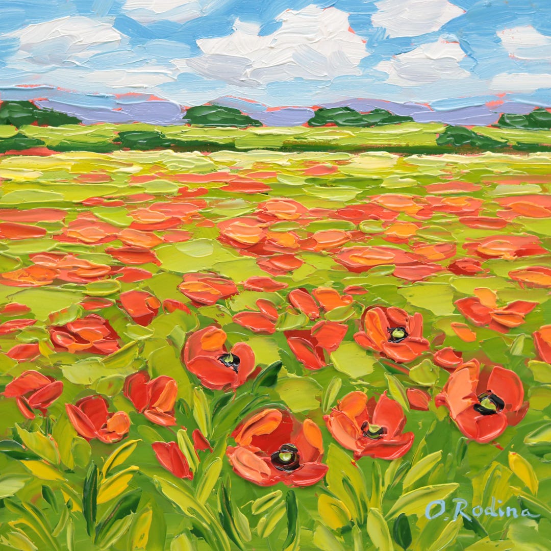 Impasto Poppy Field Oil Painting: Textured Landscape Art Original - Etsy
