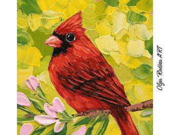 Red Cardinal Painting Original Small Bird Painting Cardinal Oil Painting 4x4 Oil Painting Bird Art Work Red Cardinal Art