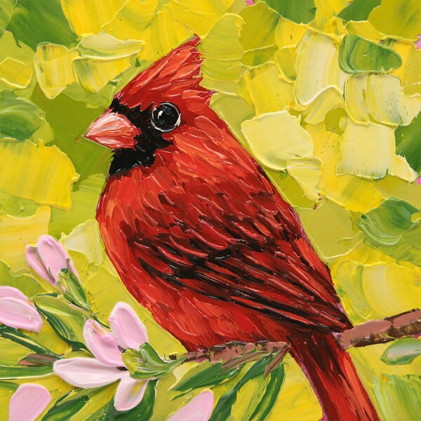 Red Cardinal Painting Original Small Bird Painting Cardinal Oil Painting 4x4 Oil Painting Bird Art Work Red Cardinal Art