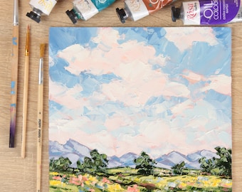 Beautiful Landscape Oil Painting Original Cloud Wildflower Meadow Wall Art Prairie Painting Impasto 8x8 Oil Painting Palette Knife Art