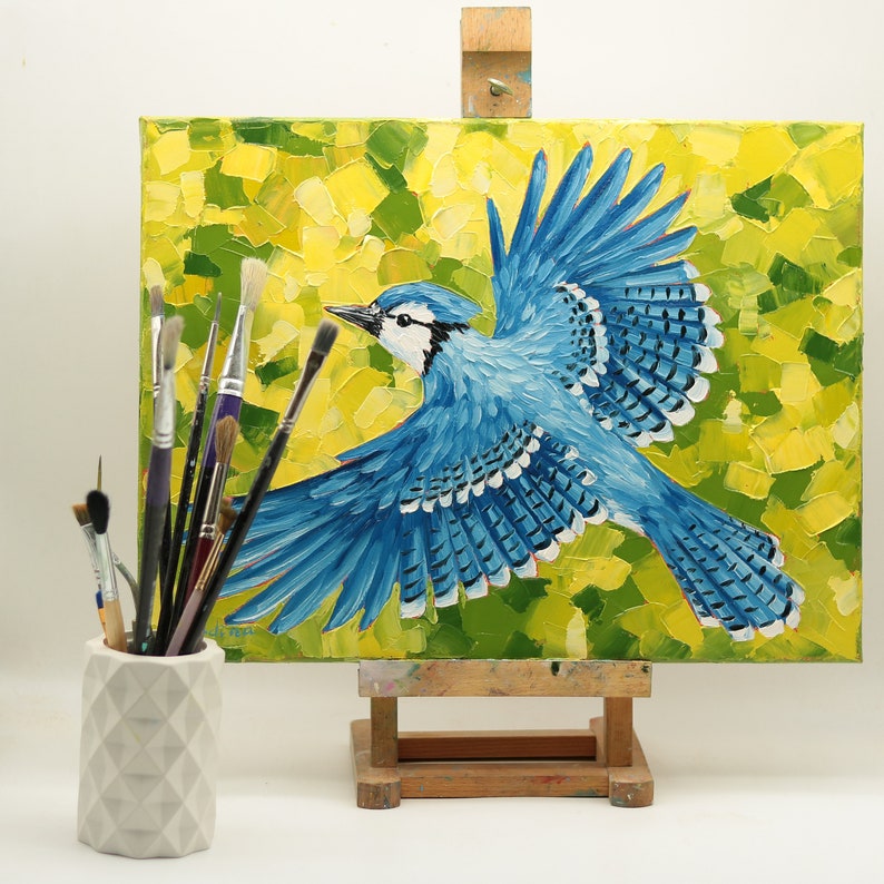 Blue Jay Bird Painting Original Blue Jay Flight Art Blue Jay Flying Bird Oil Painting image 2