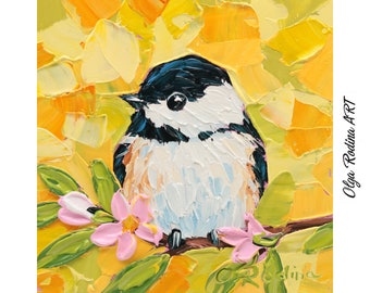 Black Capped Chickadee Oil Painting Original 4x4 Oil Painting Chickadee Bird on Branch Art Bird Impasto Oil Painting