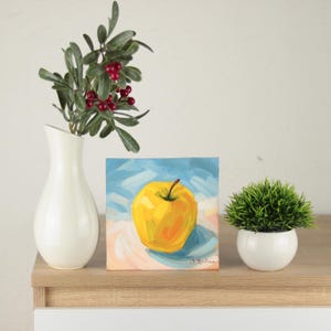 Apple Original Art Fruit Still Life Painting, Food Kitchen Wall Decor, Handmade Painting Gift, Yellow Apple Artwork 6x6 Small Oil Painting