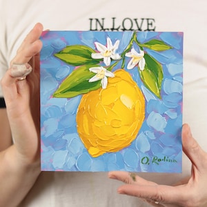 Original Lemon Oil Painting: Textured Impasto Still Life, 6x6 Kitchen Wall Art
