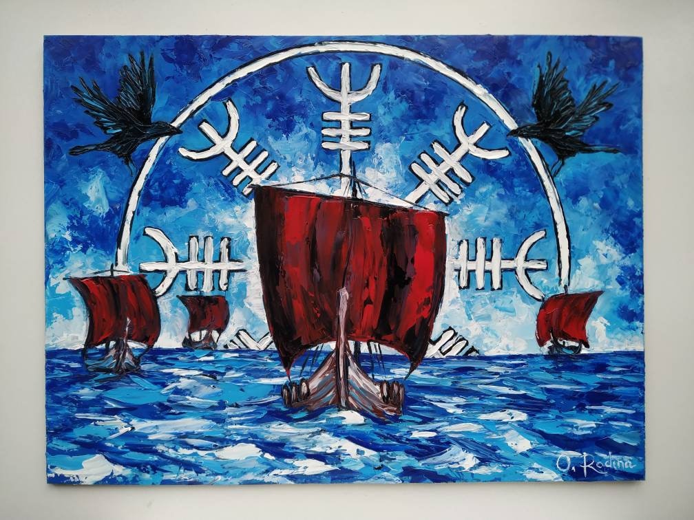Viking Painting Viking Longship Oil Painting Aegishjalmur the Etsy