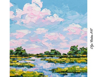 Cape Cod Salt Marsh Oil Painting Original 8x8 Cloud Oil Painting Low Country Landscape Art Marsh Blue Sky Palette Knife Painting
