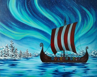 Viking Ship Painting on Canvas Original 30"x36" Viking Longship Norse Mythology Art Northern Lights Viking Wall Art Drakkar Art Pagan Decor