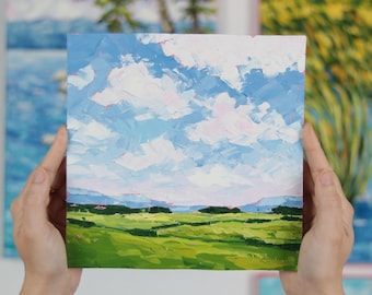 Cloud Painting Original Small Midwest Landscape Painting Prairie Grass Oil Painting 8x8&quot; Palette Knife Art
