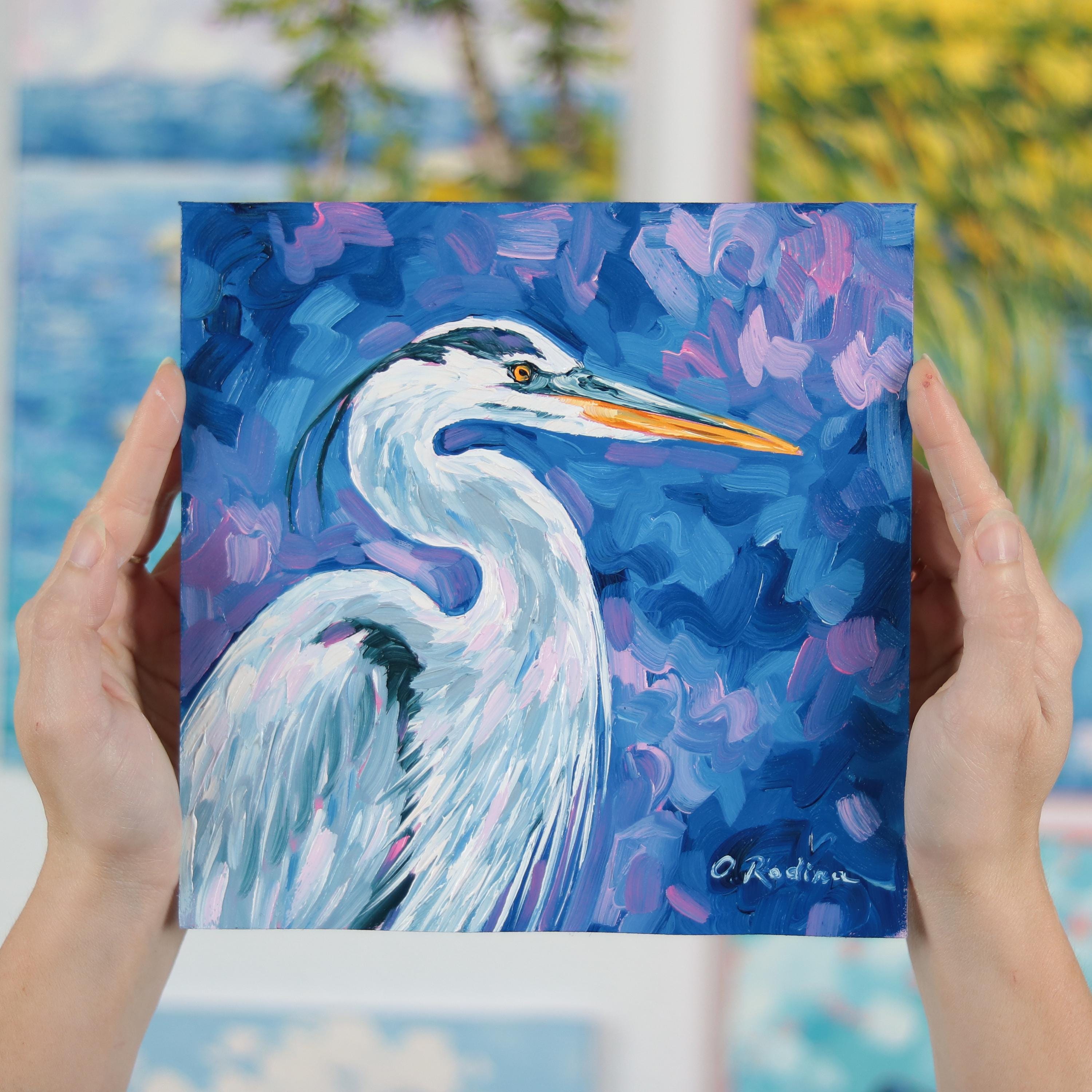 アオサギのオリジナル油絵 8x8インチ 鳥の壁掛けアート - 現代アート