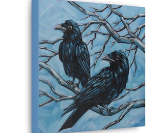 Raven Art Print on Canvas - Black Bird Oil Painting Print - Raven Crow Wall Art - Two Ravens Print - Gothic Art