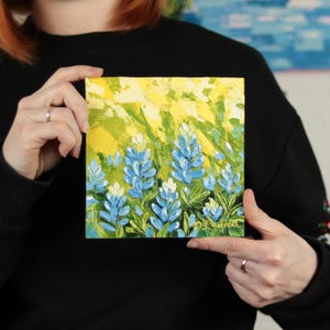 Texas Bluebonnet Small Oil Painting Original Wildflower Bluebonnet Landscape Wall Art 6x6 Palette Knife Painting