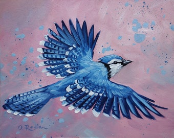 Blue Jay Flying Original Oil Painting Blue Jay Bird Art Painting Blue Jay in Flight
