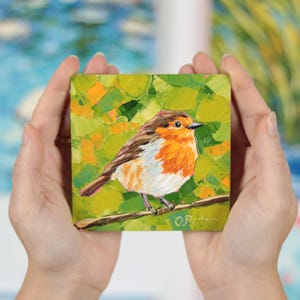 Robin Bird Oil Painting: Small Animal Art, 4x4&quot;