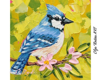 Oil Painting of Bird Original blue Jay Painting 4x4" Blue Jay Wall Art Bird on Blossom Branch Impasto Oil Painting