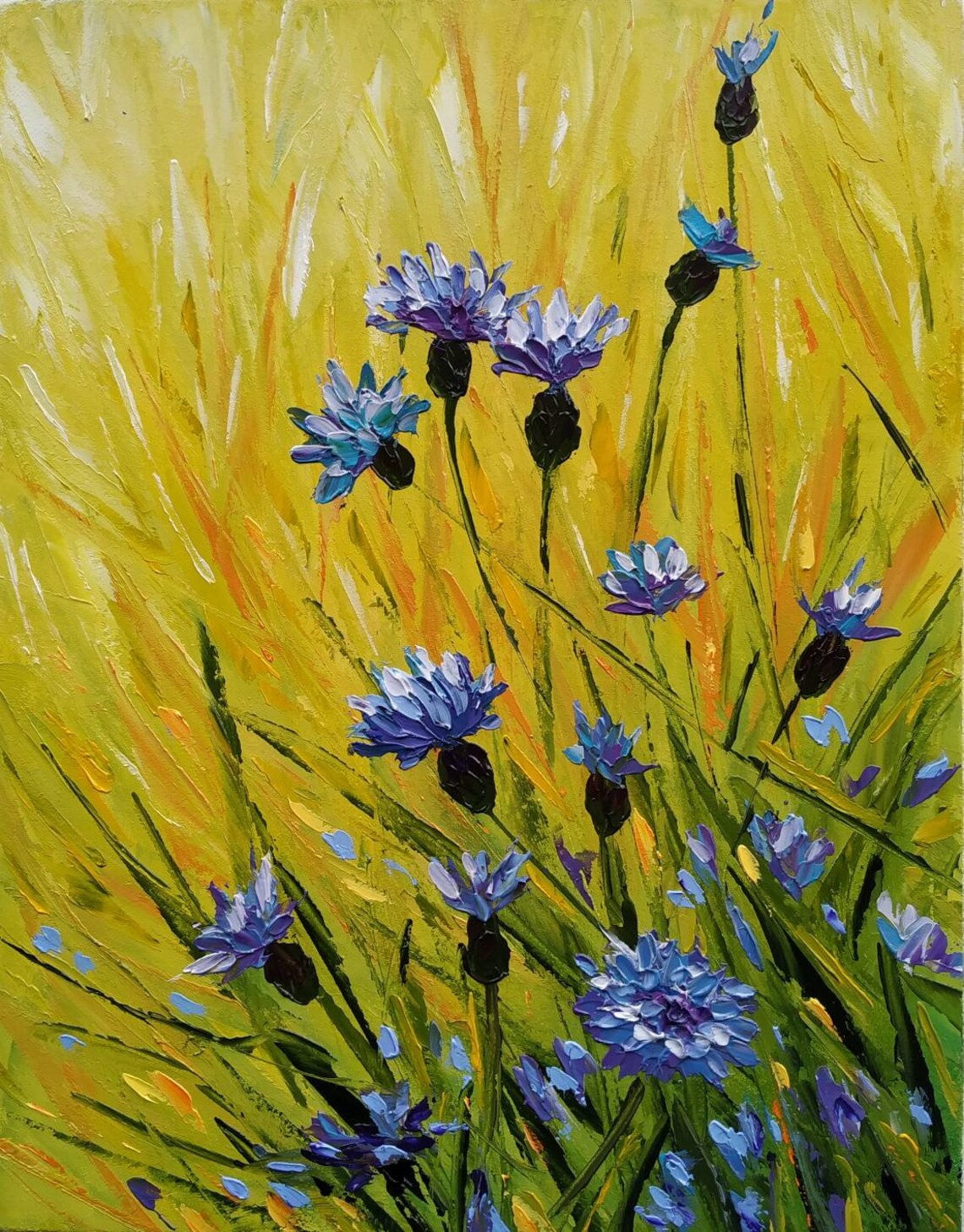 Cornflower field oil painting meadow painting blue cornflower Etsy