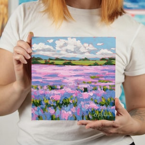 Original Landscape Oil Painting – Vibrant Wildflower Field and Clouds – Small Square Art - Impressionist Painting