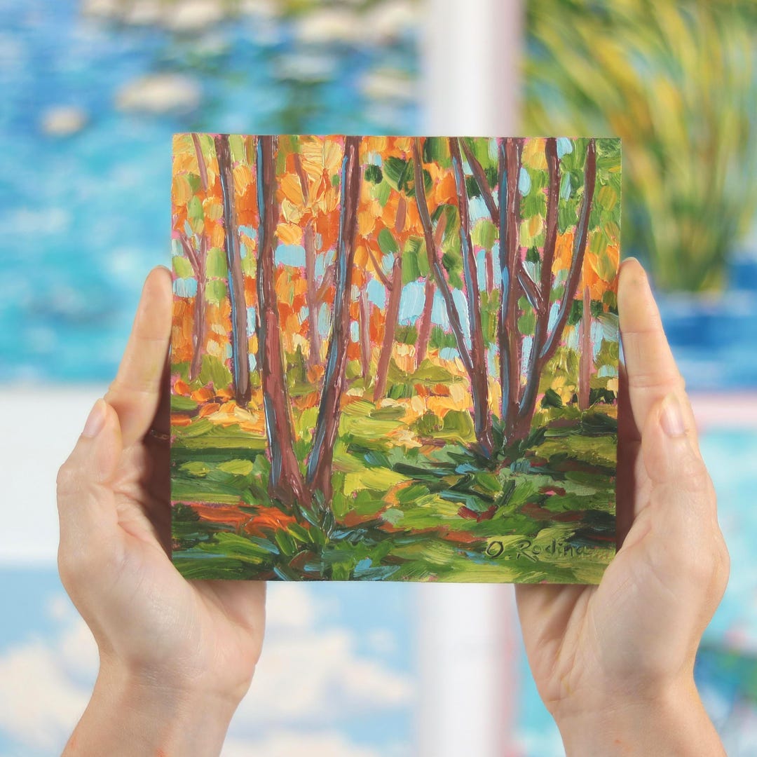 Original Oil Painting: Autumn Forest Landscape - Impasto Fine Art 6x6 ...
