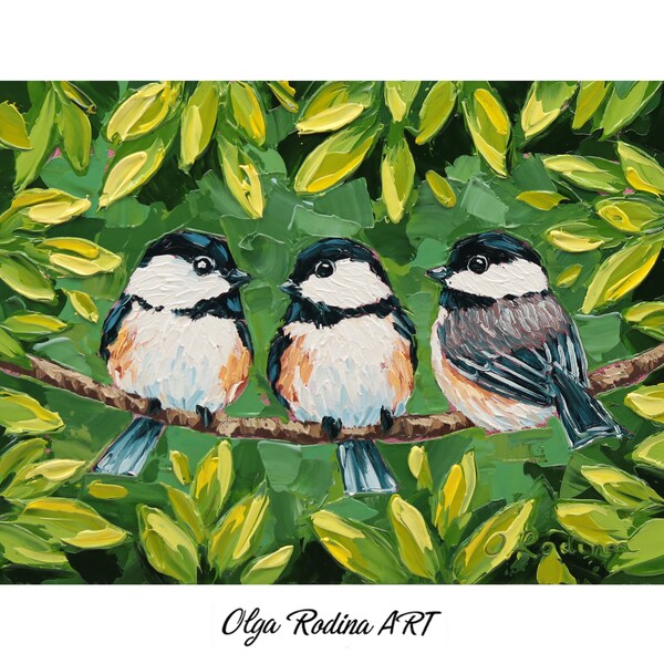 Peinture mésange originale petite 6 x 8 peinture à l'huile oiseaux Art Trois oiseaux mésanges sur une oeuvre d'art de branche