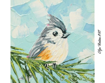 Tufted Titmouse Oil Painting Original Bird on Blossom Branch Impasto Oil Painting Tufted Titmouse Wall Art