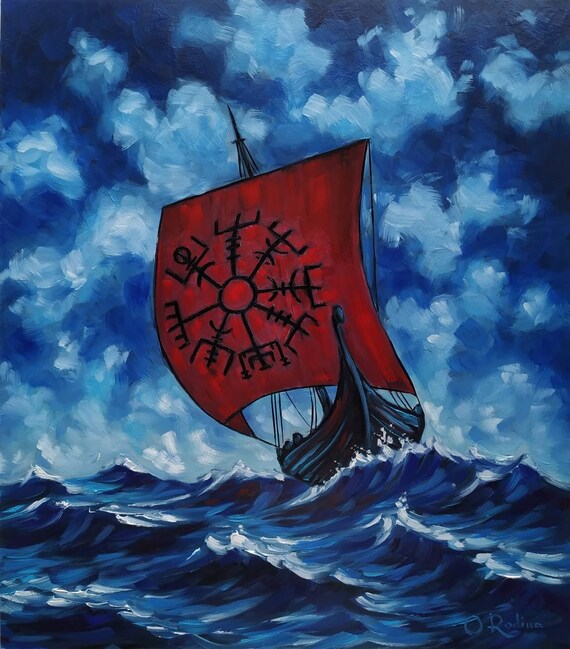 Original Viking Longship Oil Painting Vegvisir Viking Ship Etsy
