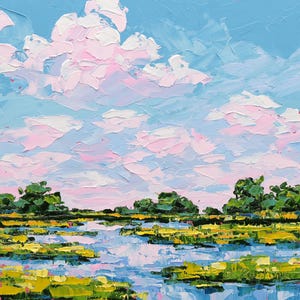 Sunset Over Marsh Painting Oil Original Marsh Landscape Low Country Art Swamp Oil Painting Sundown Wall Art Evening Sky Scenery Painting