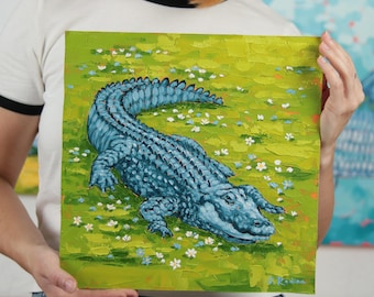 フロリダワニ - 9インチ×12インチのキャンバスボードに描かれた油絵