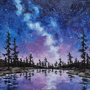 Night Sky Oil Painting Nocturne Lake Landscape Milky Way Painting Starry Night wall Decor Summer Night Oil Painting Evening Sky Painting