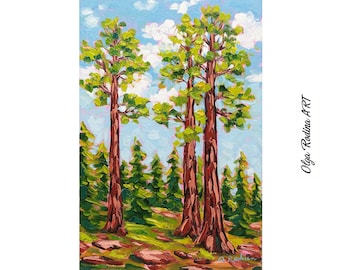 Oljemålning av redwoodskog - Landskapskonst med sequoiaträd, konstverk i nationalpark (8x12)