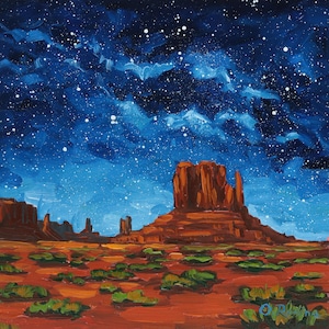 Monument Valley Night Sky Oil Painting: Desert Star Gazing Art