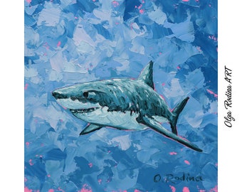 Shark Oil Painting Original - Small Underwater Wall Art - Shark Art - 6x6 Art Original - Nautical decor