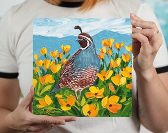 Quail Painting California Poppy Flower Art, Original Impasto Bird Painting, Wildlife Wall Decor, Nature Lover Gift
