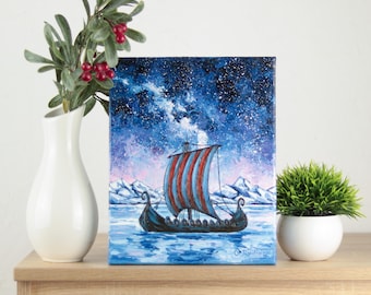 Viking Ship Painting Original on Canvas Starry Night Drakkar Norse Mythology Art