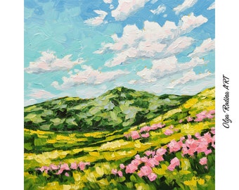 Beautiful Landscape Oil Painting Original Pink Rhododendron Flowers Blue Sky Cloud in the Mountains Painting Summer Landscape Wall Art