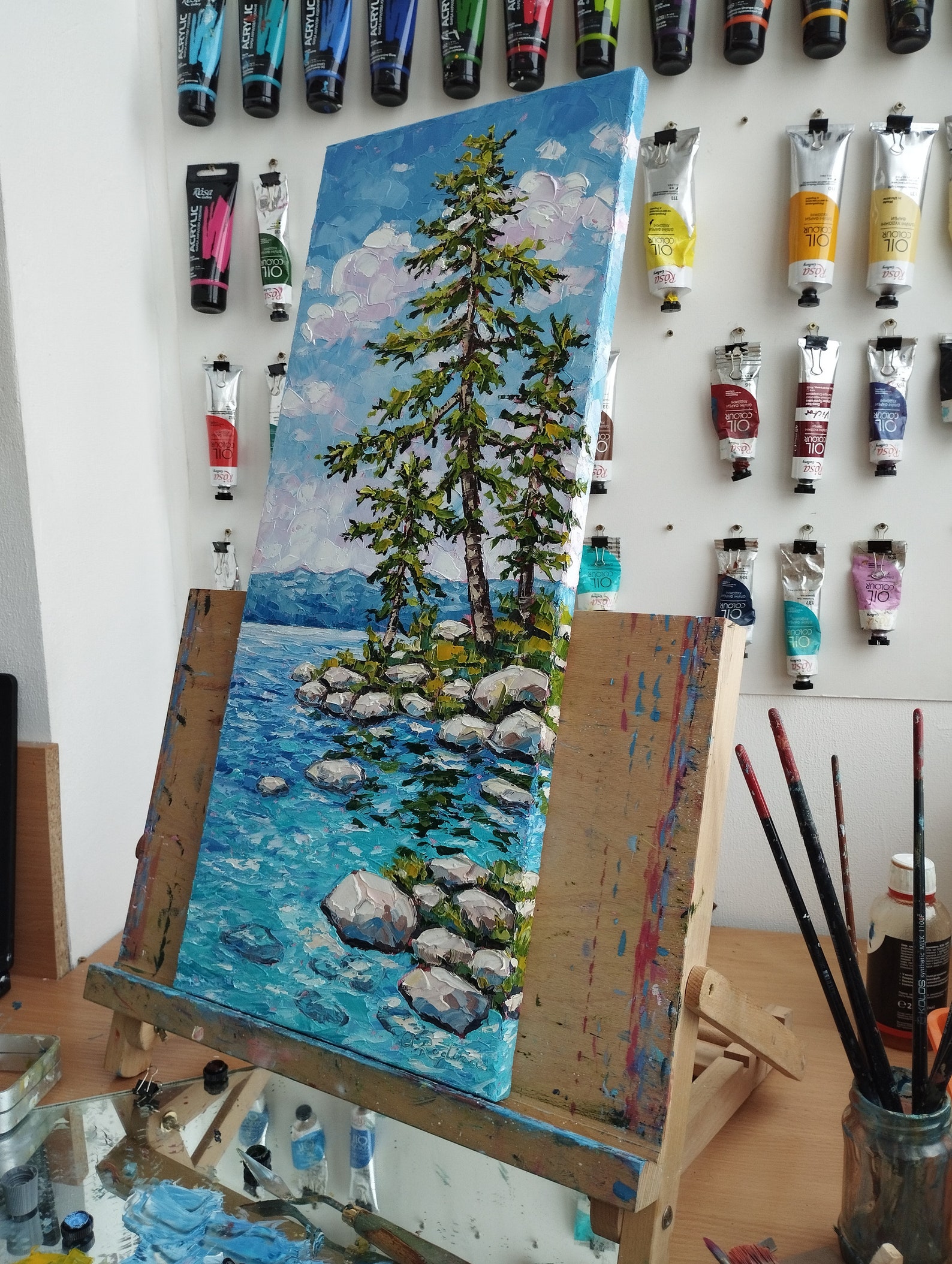 Original Lake Oil Painting: Vertical Impasto Landscape Art (24x10 In ...