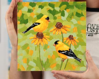 American Goldfinch Oil Painting: 8x8" Bird on Flower Art