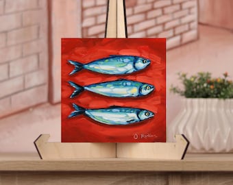 Original Sardine Oil Painting: Fish Impasto Kitchen Wall Art