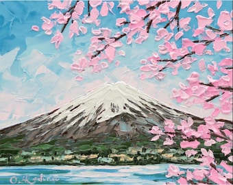 Mount Fuji Oil Painting: Impasto Cherry Blossom Mountain Landscape Art