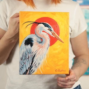 Great Blue Heron Art Original Bird Wall Art, Heron and Red Sun Oil Painting, Bird Wild Life Nature Artwork on Canvas