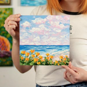 California Poppy Painting: Impasto Oil, Coast Landscape Art (8x8)