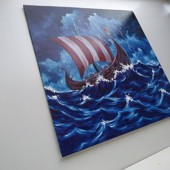 Original Viking Longship Oil Painting Vegvisir Viking Ship Wall Art
