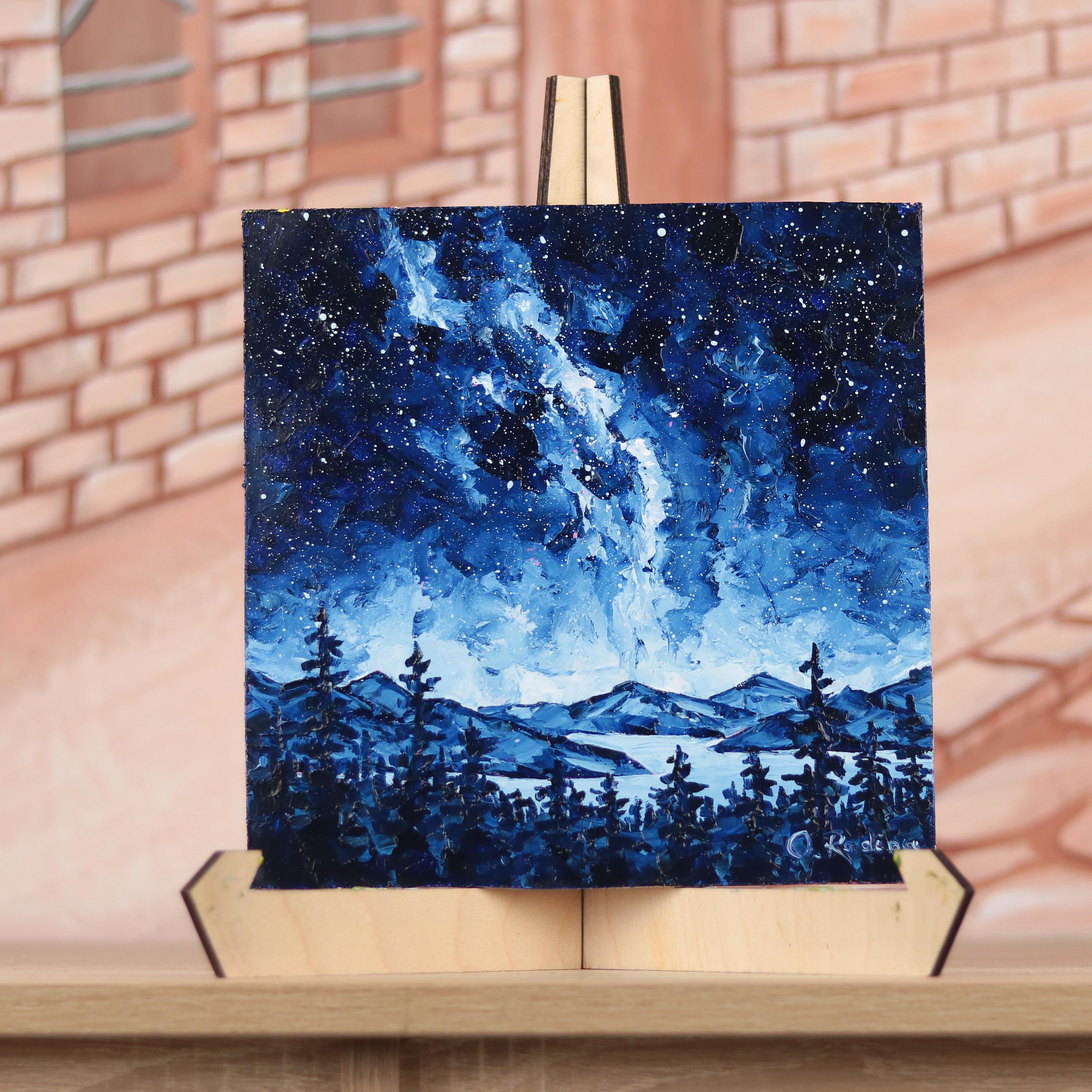 Original Oil Painting: Starry Night Forest Lake, Mountain