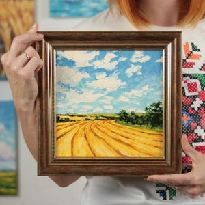 Wheat Field Oil Painting Framed Art Original Midwest Countryside Landscape Painting Farmhouse Wall Art